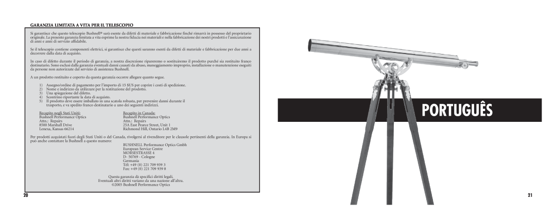 Bushnell 78-3576 instruction manual Português, Garanzia Limitata A Vita Per Il Telescopio 