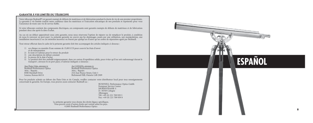 Bushnell 78-3576 instruction manual Español, Garantie À Vie Limitée Du Télescope 