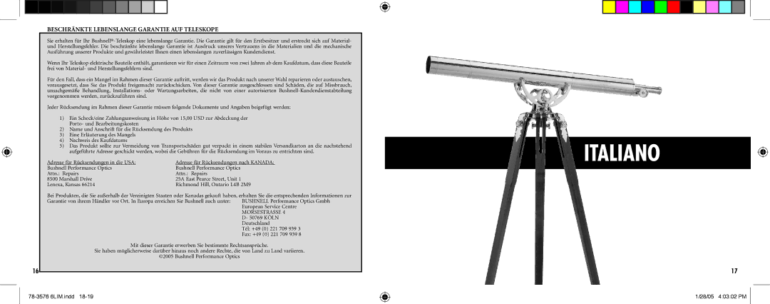 Bushnell 78-3576 instruction manual Italiano, Beschränkte Lebenslange Garantie AUF Teleskope 