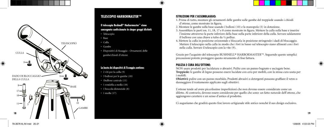 Bushnell 78-3576 Istruzioni PER L’ASSEMBLAGGIO, Pulizia E Cura DELL’OTTONE, La busta dei dispositivi di ﬁssaggio contiene 