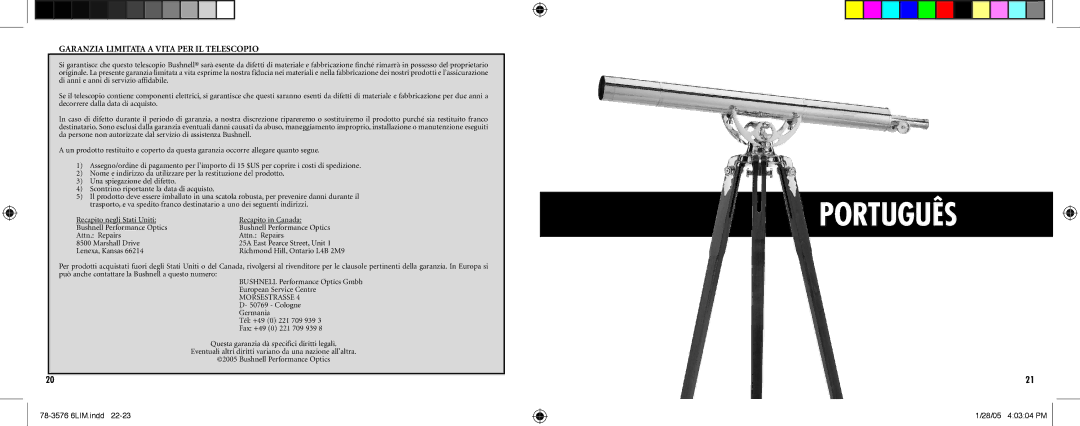 Bushnell 78-3576 instruction manual Português, Garanzia Limitata a Vita PER IL Telescopio 