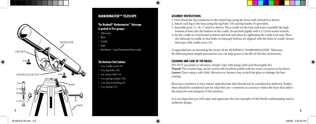 Bushnell 78-3576 Harbormaster Telescope, Assembly Instructions, Cleaning and Care of the Brass, Hardware Pack Includes 