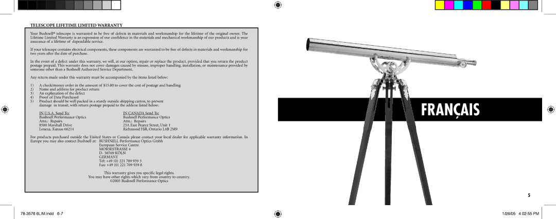 Bushnell 78-3576 instruction manual Français, Telescope Lifetime Limited Warranty, Morsestrasse 4 D- 50769 Köln Germany 