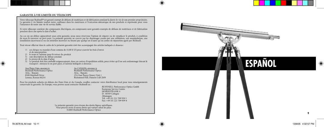 Bushnell 78-3576 instruction manual Español, Garantie À VIE Limitée DU Télescope, Morsestrasse 