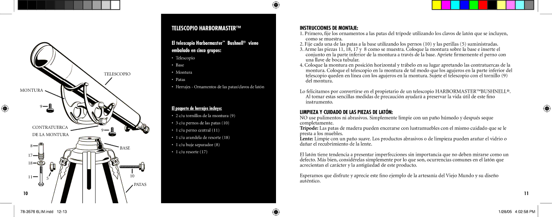 Bushnell 78-3576 Telescopio Harbormaster, Instrucciones DE Montaje, Limpieza Y Cuidado DE LAS Piezas DE Latón 