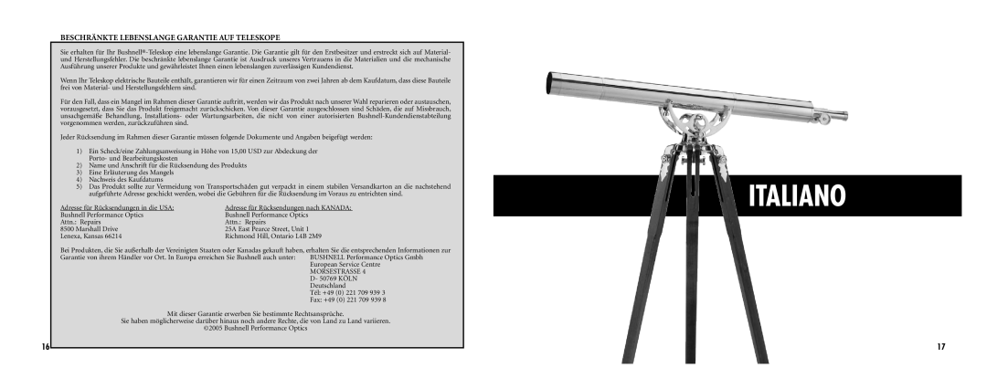 Bushnell 78-3576 instruction manual Italiano, Beschränkte Lebenslange Garantie AUF Teleskope 