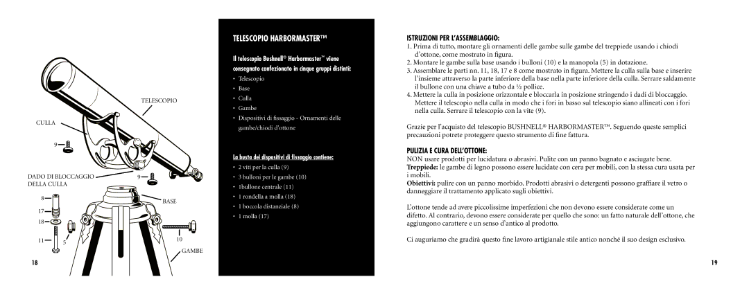 Bushnell 78-3576 Istruzioni PER L’ASSEMBLAGGIO, Pulizia E Cura DELL’OTTONE, La busta dei dispositivi di ﬁssaggio contiene 