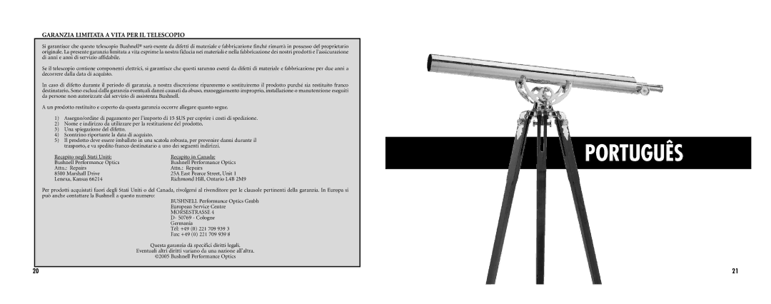 Bushnell 78-3576 instruction manual Português, Garanzia Limitata a Vita PER IL Telescopio 