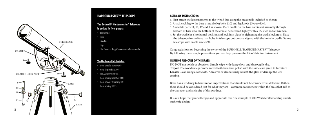 Bushnell 78-3576 Harbormaster Telescope, Assembly Instructions, Cleaning and Care of the Brass, Hardware Pack Includes 
