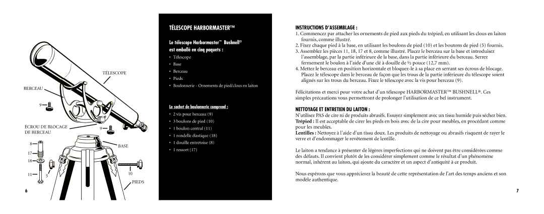 Bushnell 78-3576 instruction manual Télescope Harbormaster, Instructions D’ASSEMBLAGE, Nettoyage ET Entretien DU Laiton 