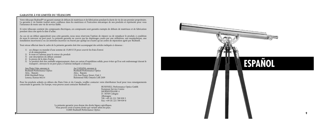 Bushnell 78-3576 instruction manual Español, Garantie À VIE Limitée DU Télescope, Morsestrasse 