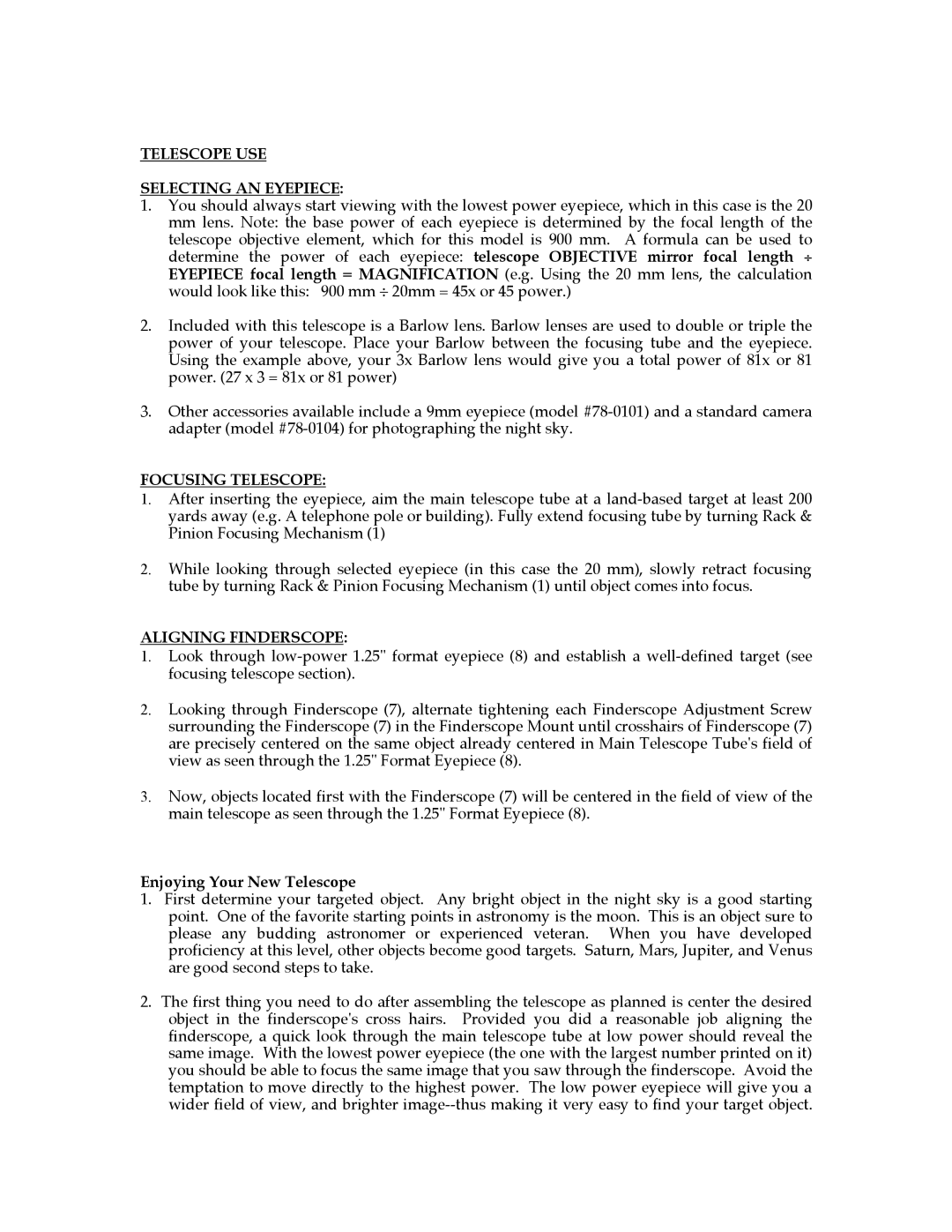 Bushnell 78-4500 manual Telescope USE Selecting AN Eyepiece, Focusing Telescope, Aligning Finderscope 