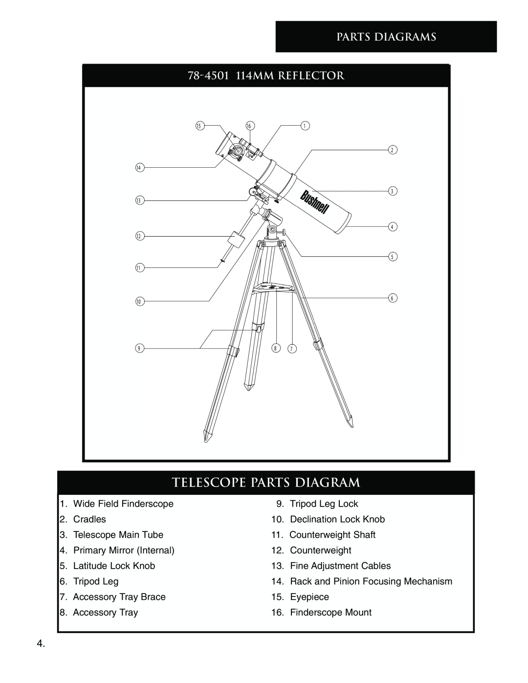 Bushnell instruction manual Parts Diagrams, Telescope Parts Diagram, 78-4501114MM REFLECTOR 