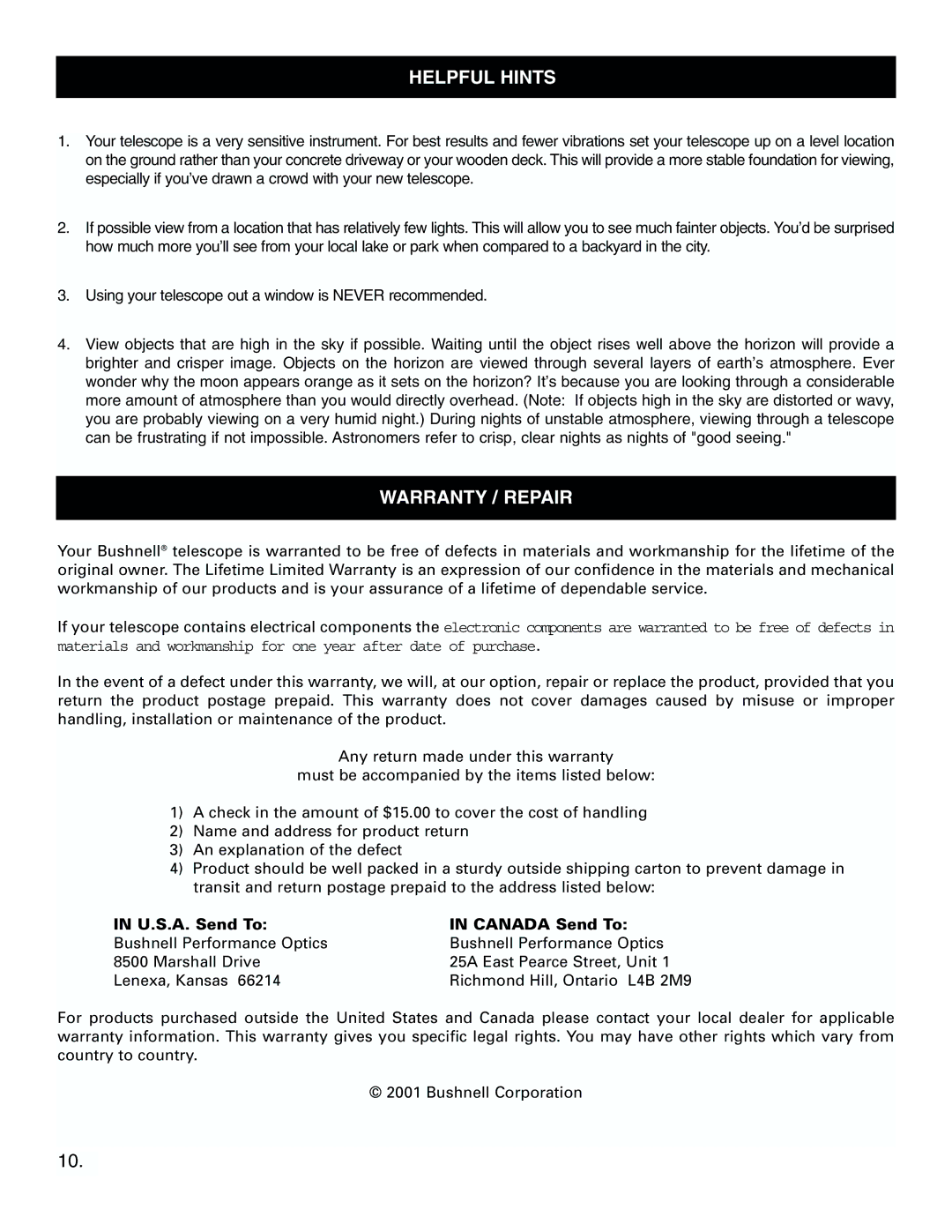 Bushnell 78-4501 instruction manual Mhelpful Hints, Warranty / Repair, U.S.A. Send To Canada Send To 