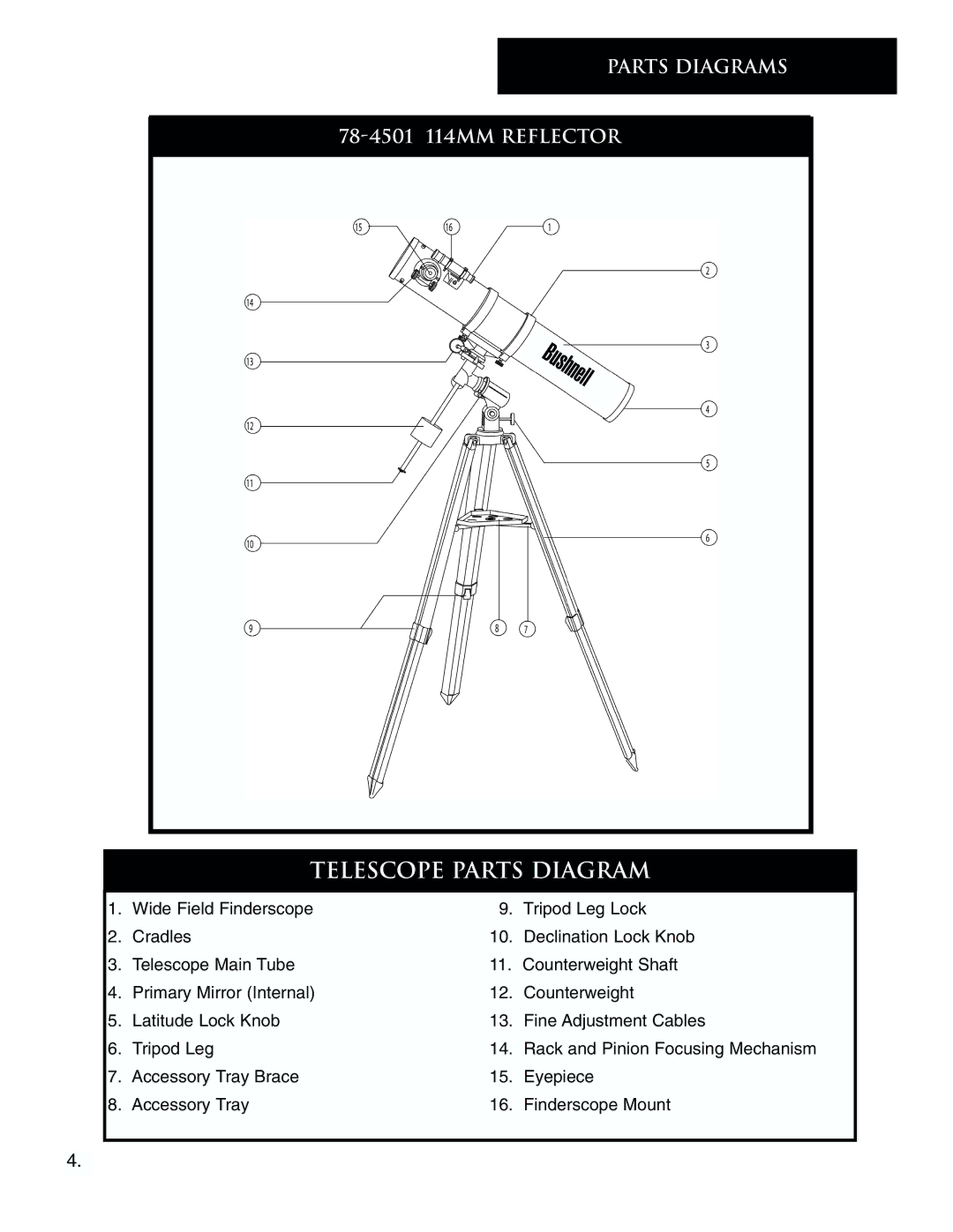 Bushnell 78-4501 instruction manual Telescope Parts Diagram 