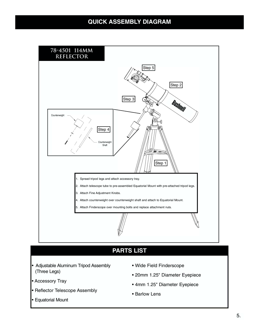 Bushnell 78-4501 instruction manual Quick Assembly Diagram 