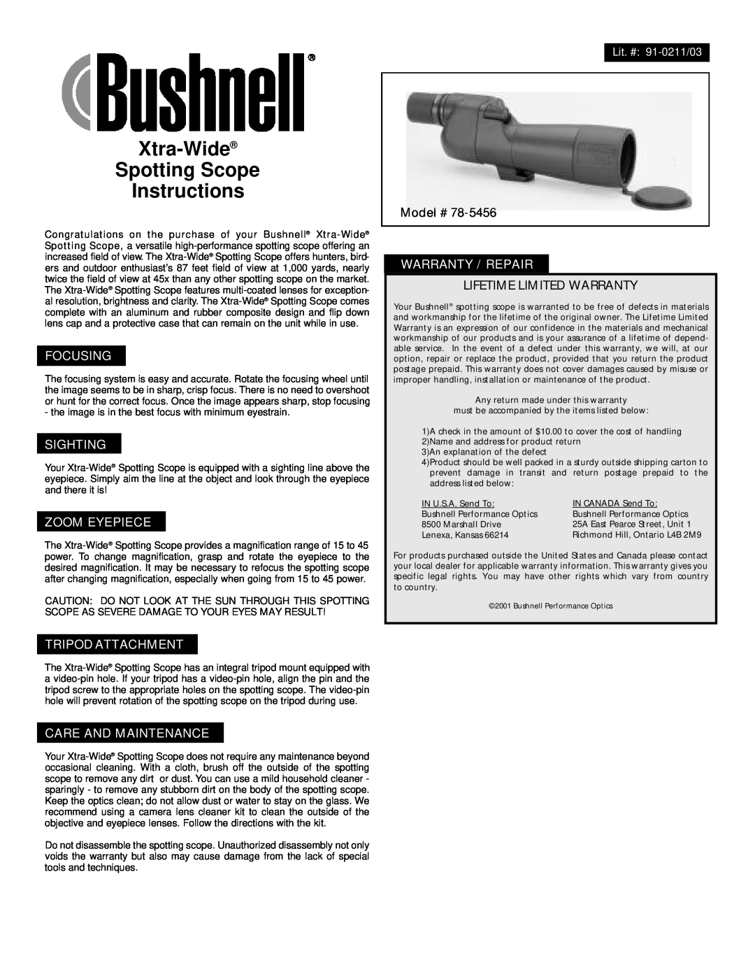 Bushnell 78-5456 warranty Xtra-Wide Spotting Scope Instructions, Focusing, Sighting, Zoom Eyepiece, Tripod Attachment 