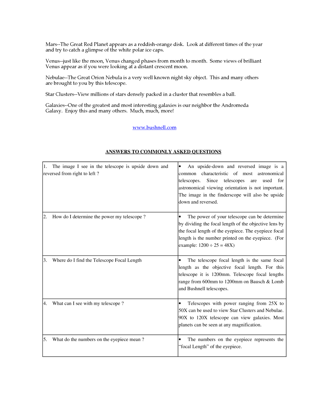 Bushnell 78-6000 manual Answers to Commonly Asked Questions 