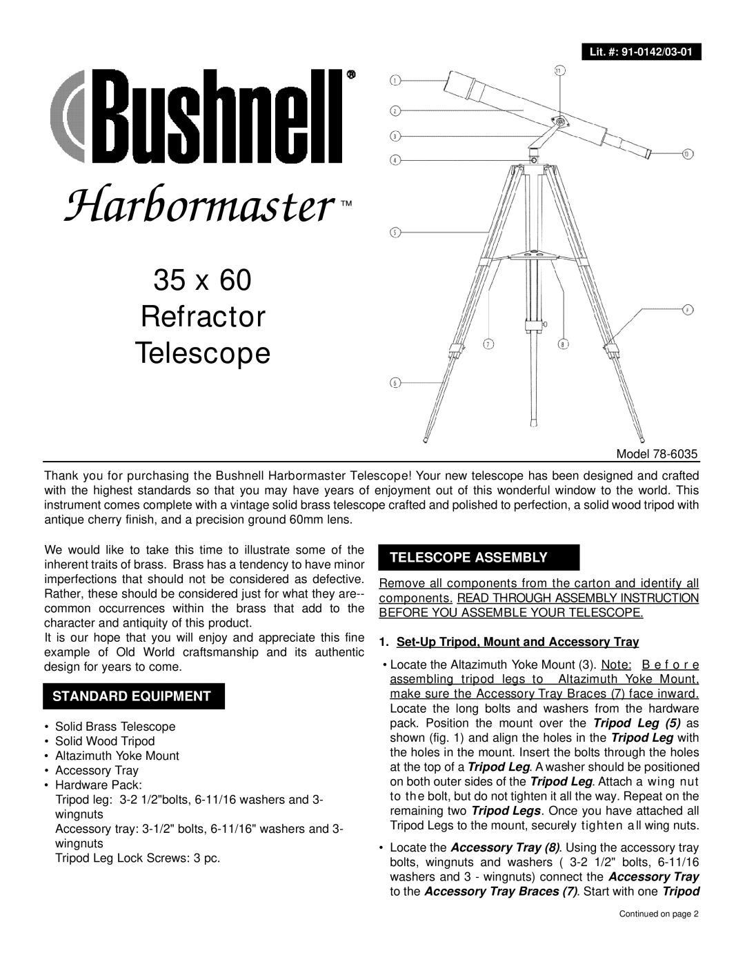 Bushnell 78-6035 manual Standard Equipment, Telescope Assembly, Set-Up Tripod, Mount and Accessory Tray 