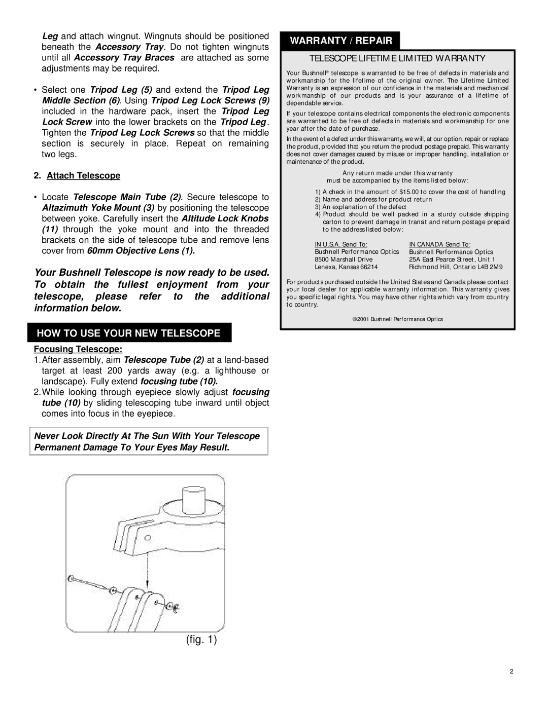 Bushnell 78-6035 manual HOW to USE Your NEW Telescope, Warranty / Repair, Attach Telescope, Focusing Telescope 