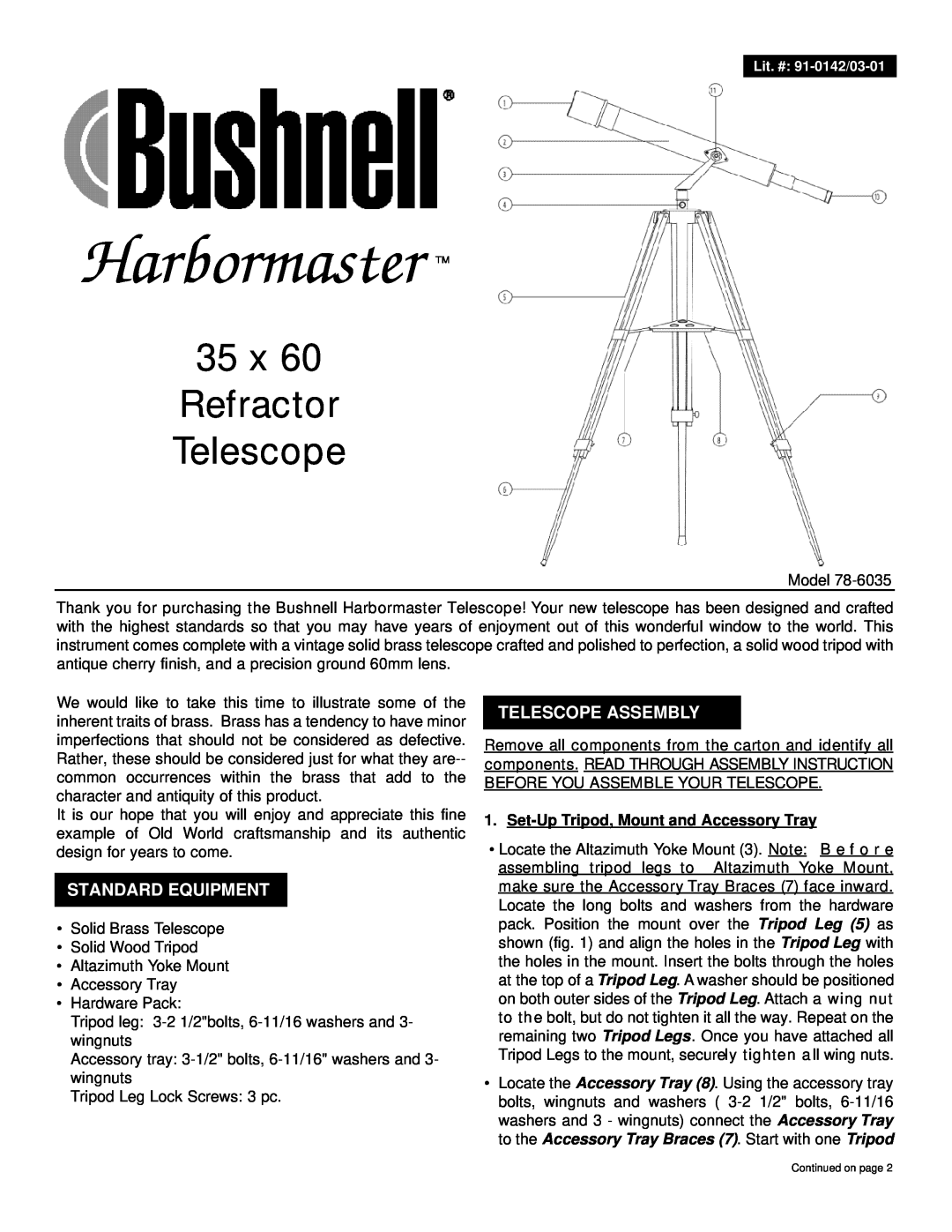 Bushnell 78-6035 manual Standard Equipment, Telescope Assembly, Set-Up Tripod, Mount and Accessory Tray, Harbormaster 