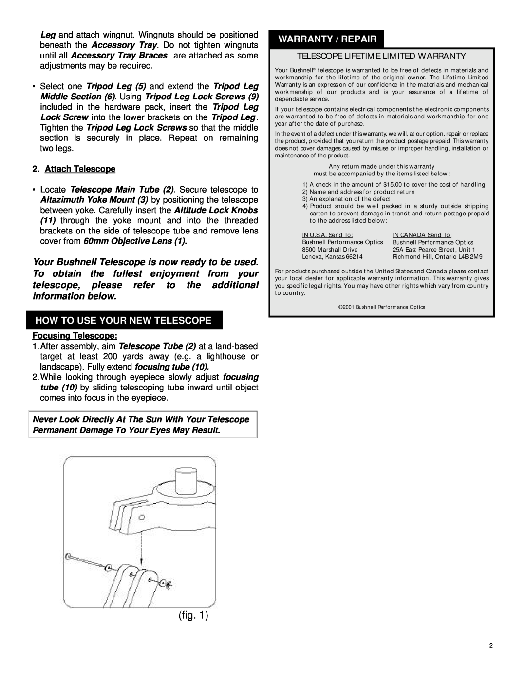Bushnell 78-6035 manual How To Use Your New Telescope, Warranty / Repair, Attach Telescope, Focusing Telescope 