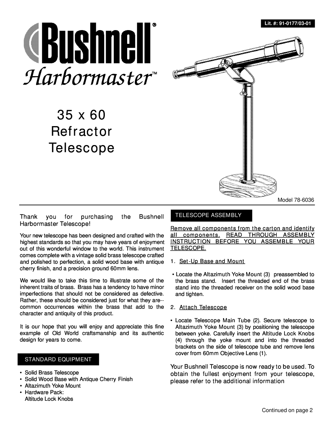 Bushnell 78-6036 manual Set-UpBase and Mount, Attach Telescope, Harbormaster, x Refractor Telescope, Standard Equipment 