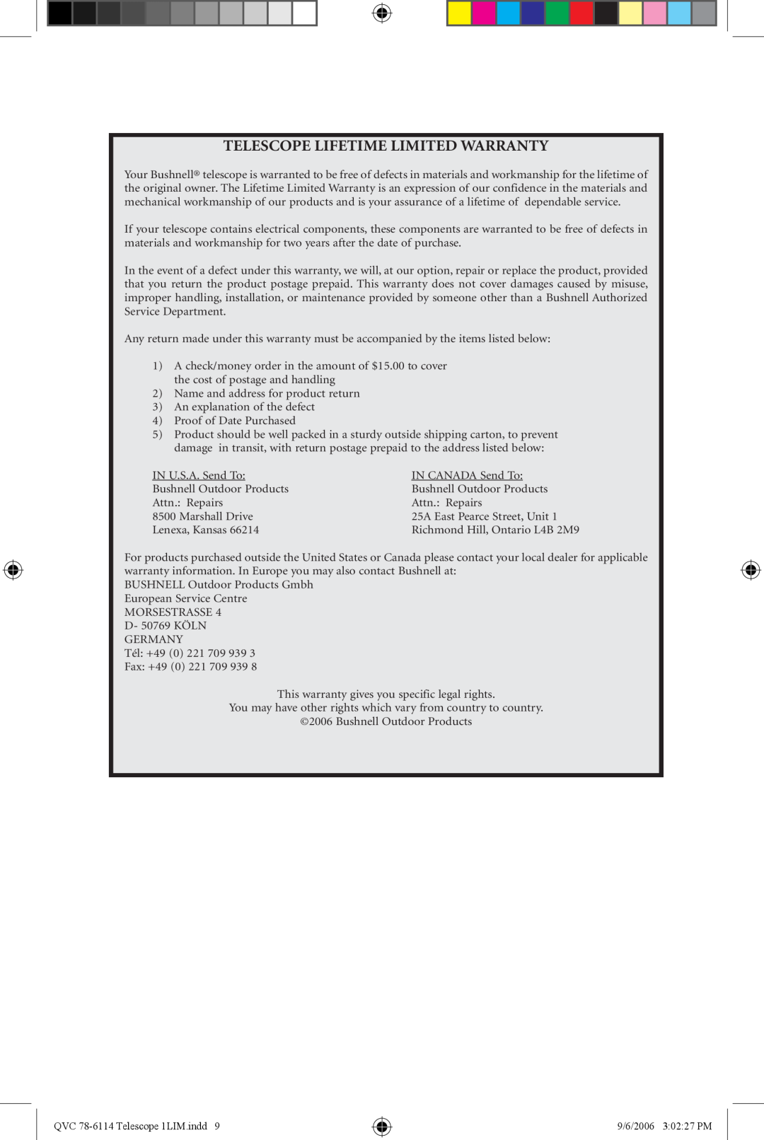 Bushnell 78-6114 instruction manual Telescope Lifetime Limited Warranty 