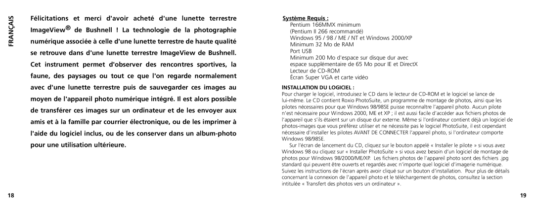 Bushnell 78-7348 manual Français, Installation DU Logiciel 