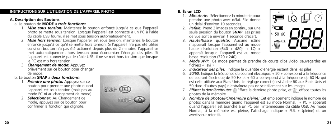 Bushnell 78-7348 manual Instructions SUR Lutilisation DE Lappareil Photo, Description des Boutons, Écran LCD 