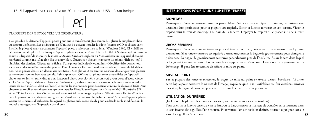 Bushnell 78-7348 Instructions Pour Dune Lunette Terrestre, Montage, Grossissement, Mise AU Point, Utilisation DU Trépied 