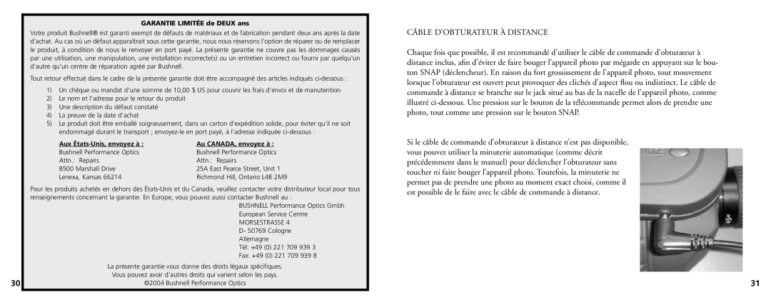 Bushnell 78-7348 manual Câble D’OBTURATEUR À Distance, Garantie Limitée de Deux ans 