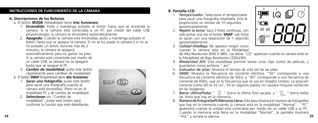 Bushnell 78-7348 manual Instrucciones DE Funciomiento DE LA Cámara, Descripciones de los Botones, Pantalla LCD 