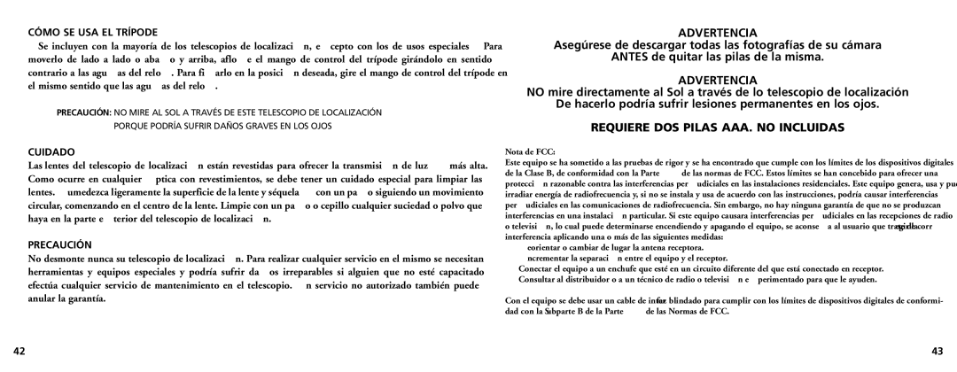 Bushnell 78-7348 manual Advertencia, Requiere DOS Pilas AAA. no Incluidas, Cómo SE USA EL Trípode, Cuidado, Precaución 