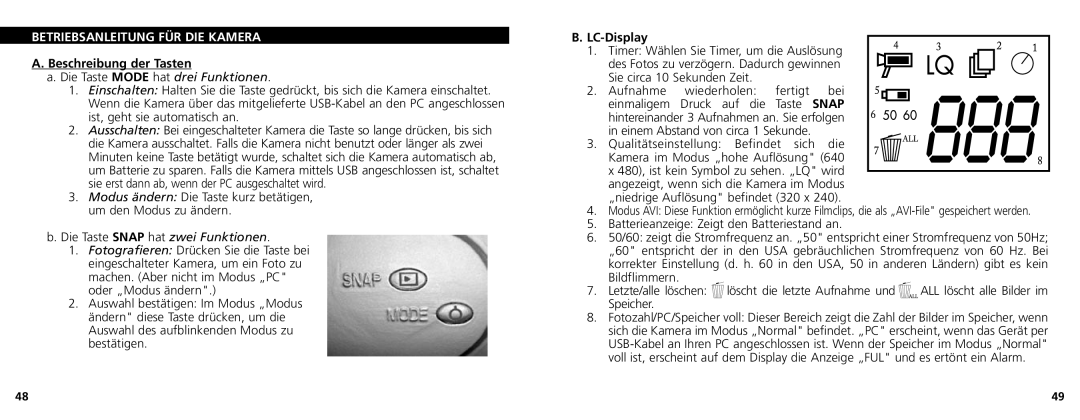 Bushnell 78-7348 manual Betriebsanleitung FÜR DIE Kamera, Beschreibung der Tasten, LC-Display, Speicher 