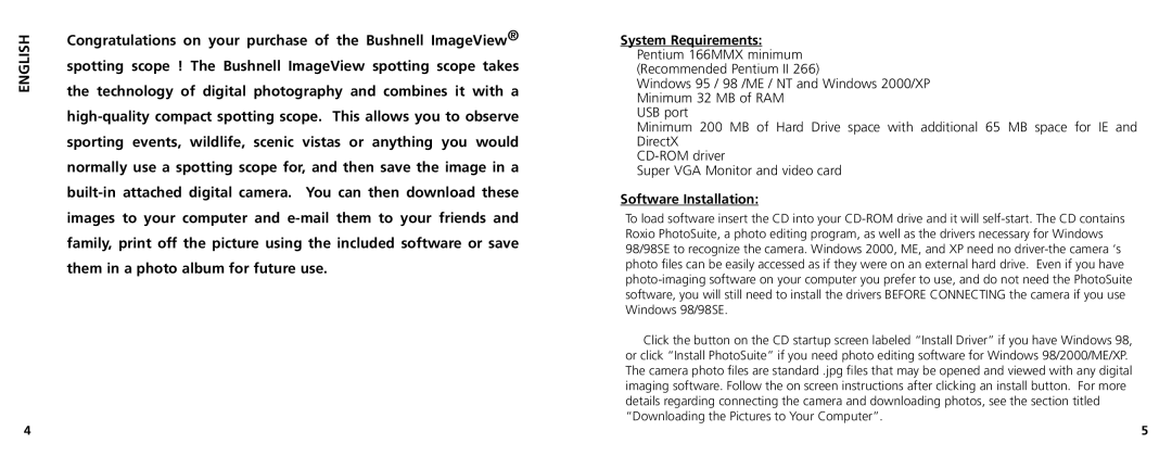 Bushnell 78-7348 manual English, Congratulations on your purchase of the Bushnell ImageView, System Requirements 