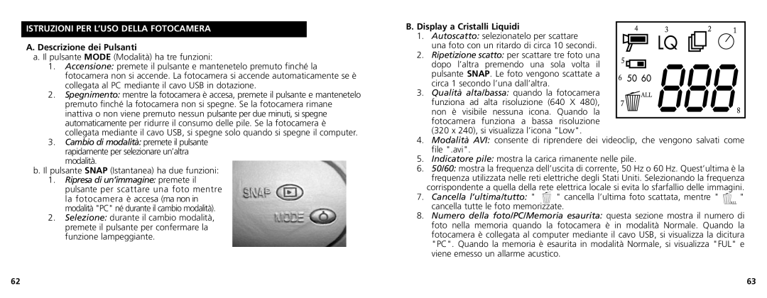 Bushnell 78-7348 manual Istruzioni PER L’USO Della Fotocamera, Descrizione dei Pulsanti, Display a Cristalli Liquidi 