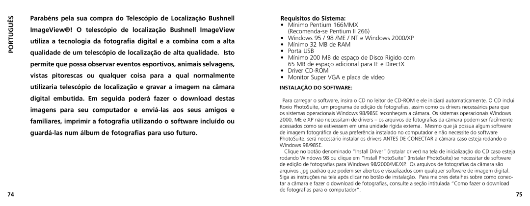 Bushnell 78-7348 manual ImageView! O telescópio de localização Bushnell ImageView, Requisitos do Sistema 