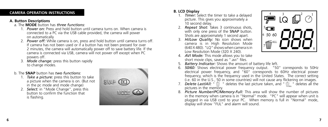 Bushnell 78-7348 manual Camera Operation Instructions, Button Descriptions, LCD Display 