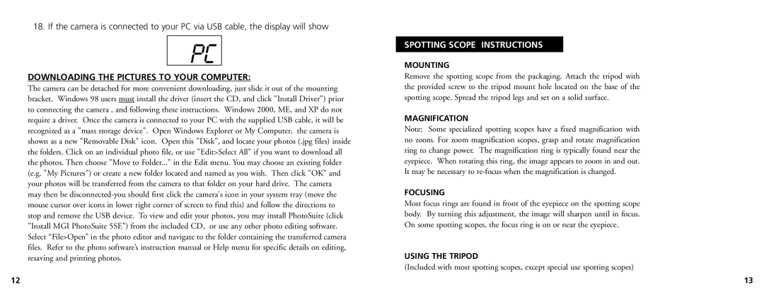 Bushnell 78-7348 Downloading the Pictures to Your Computer, Spotting Scope Instructions, Mounting, Magnification Focusing 