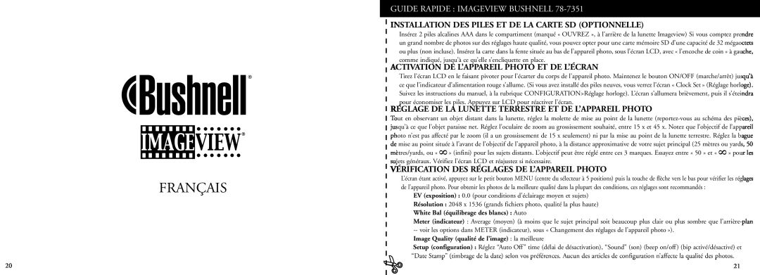 Bushnell 78-7351 manual Français, Guide Rapide Imageview Bushnell, Installation Des Piles Et De La Carte Sd Optionnelle 