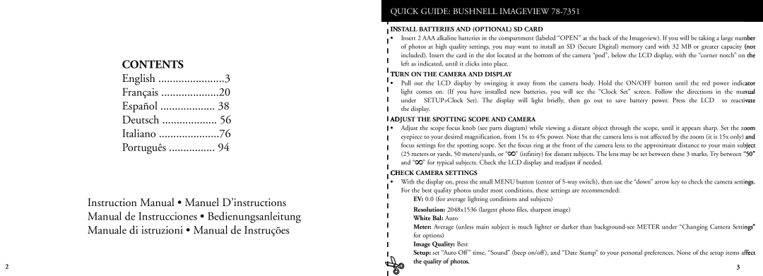 Bushnell 78-7351 manual Contents, Manual de Instrucciones Bedienungsanleitung, Manuale di istruzioni Manual de Instruções 