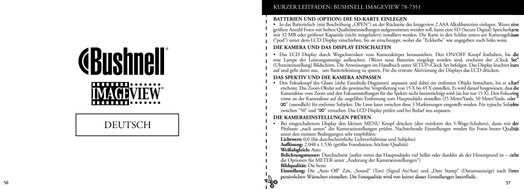 Bushnell 78-7351 manual Deutsch, Kurzer Leitfaden Bushnell Imageview, Batterien Und Option Die Sd-Karte Einlegen 