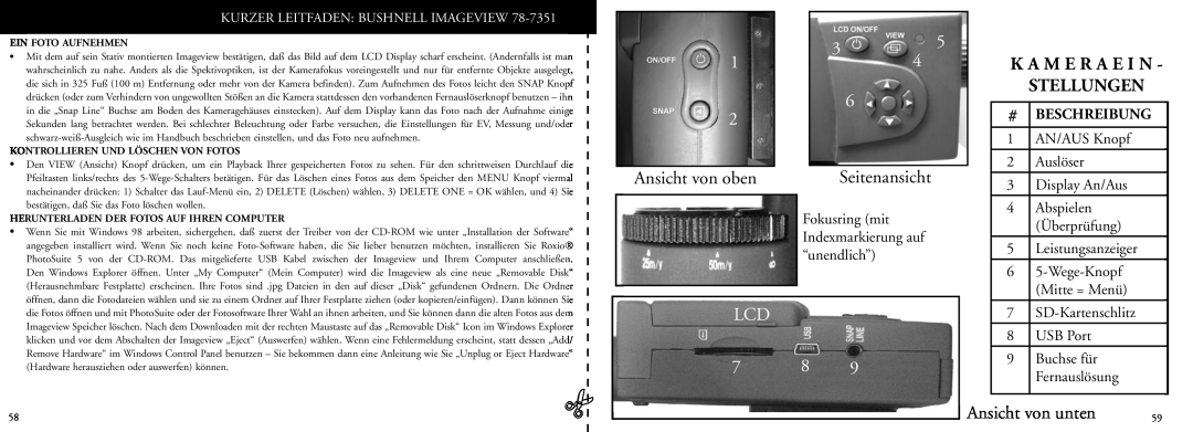 Bushnell 78-7351 manual Ansicht von oben, Seitenansicht, K A M E R A E I N Stellungen, Ansicht von unten, Beschreibung, Lcd 
