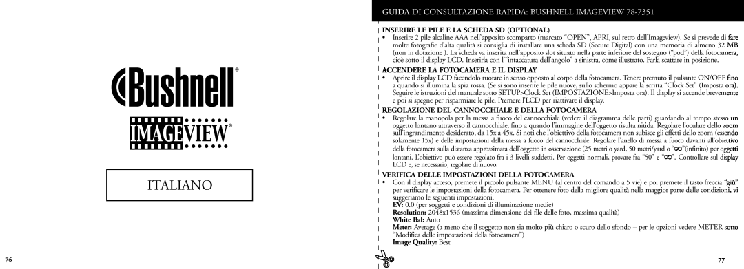 Bushnell 78-7351 Italiano, Guida Di Consultazione Rapida Bushnell Imageview, Inserire Le Pile E La Scheda Sd Optional 