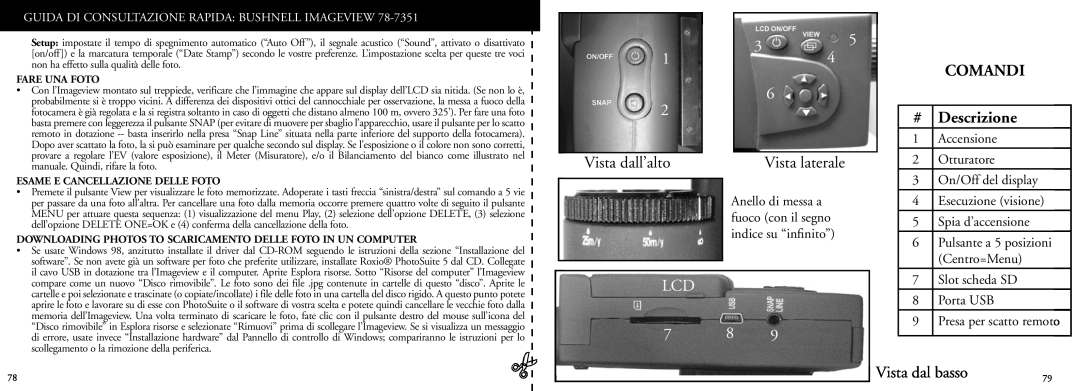 Bushnell 78-7351 Vista dall’alto, Vista laterale, Comandi, Descrizione, Vista dal basso, Accensione, Otturatore, Porta USB 