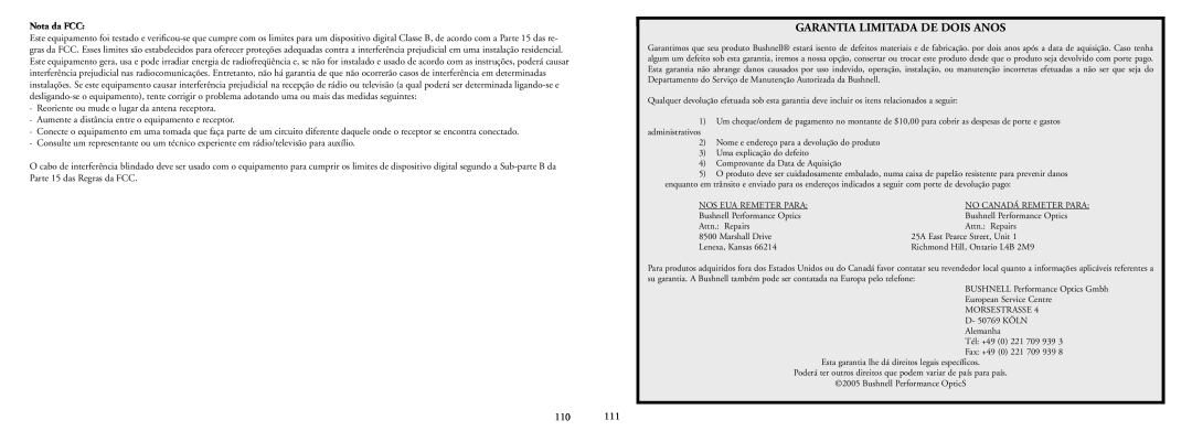 Bushnell 78-7351 manual Garantia Limitada De Dois Anos, Nota da FCC 