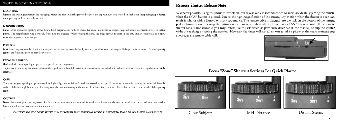 Bushnell 78-7351 Remote Shutter Release Note, Focus “Zone” Shortcut Settings For Quick Photos, Close Subjects, Mounting 