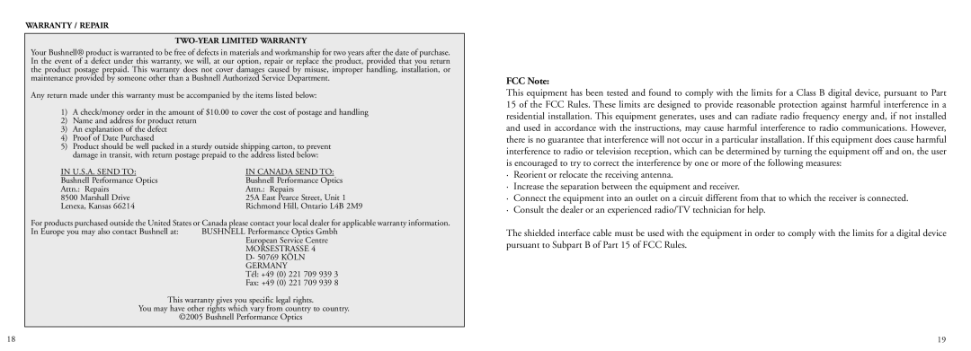 Bushnell 78-7351 manual FCC Note, Warranty / Repair TWO-YEAR Limited Warranty 