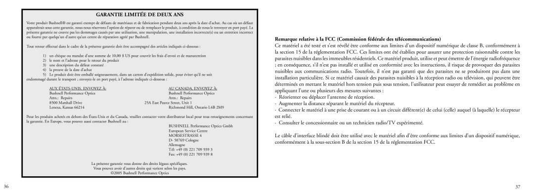 Bushnell 78-7351 manual Garantie Limitée DE Deux ANS, AUX ÉTATS-UNIS, Envoyez À AU CANADA, Envoyez À 